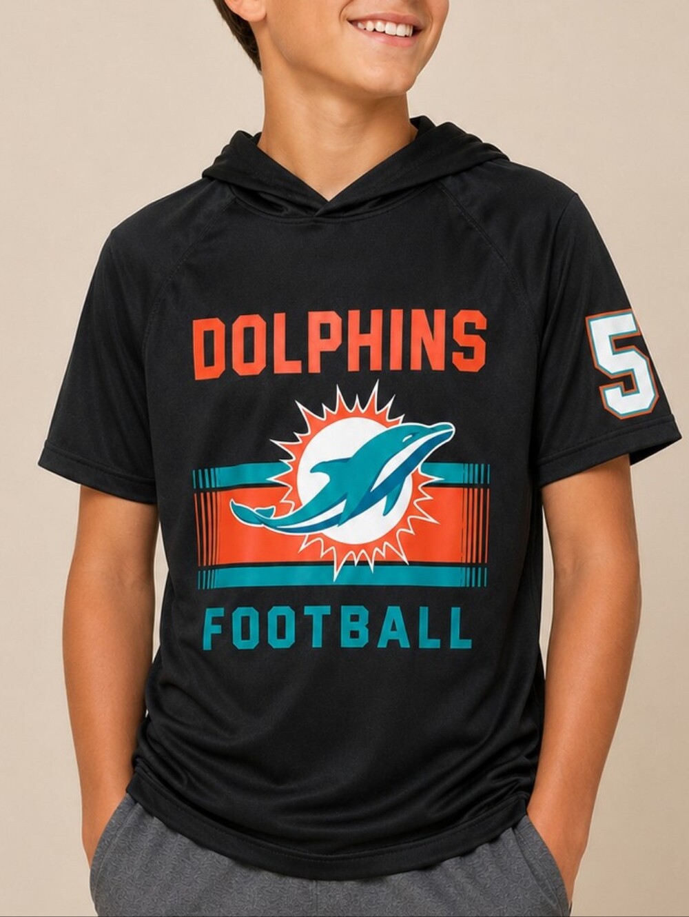 Miami Dolphins Short Sleeve Hoodie Tee Black Youth Unisex Size Large Sporty Gorp